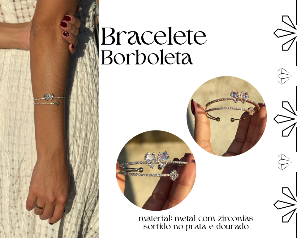 BRACELETE ARO DUPLO ABERTO BORBOLETA C/ ZIRCONIAS