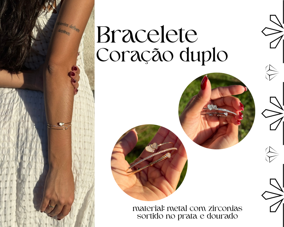 BRACELETE ARO DUPLO ABERTO CORAÇÃO C/ ZIRCONIAS