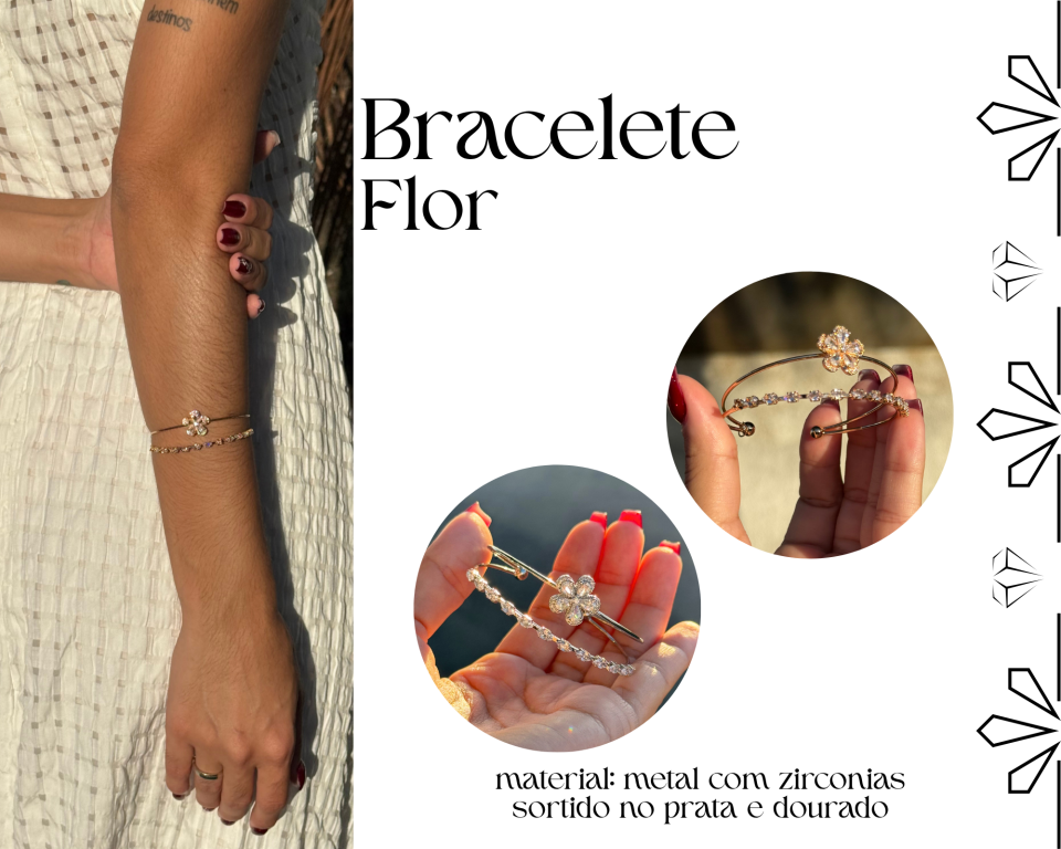 BRACELETE ARO DUPLO ABERTO FLOR C/ ZIRCONIAS