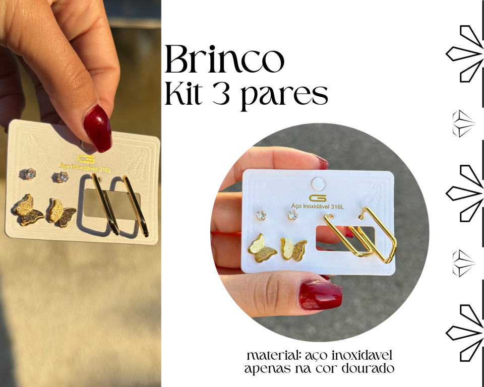 BRINCO KIT C/ 3 PARES BORBOLETA AÇO INOXIDAVEL