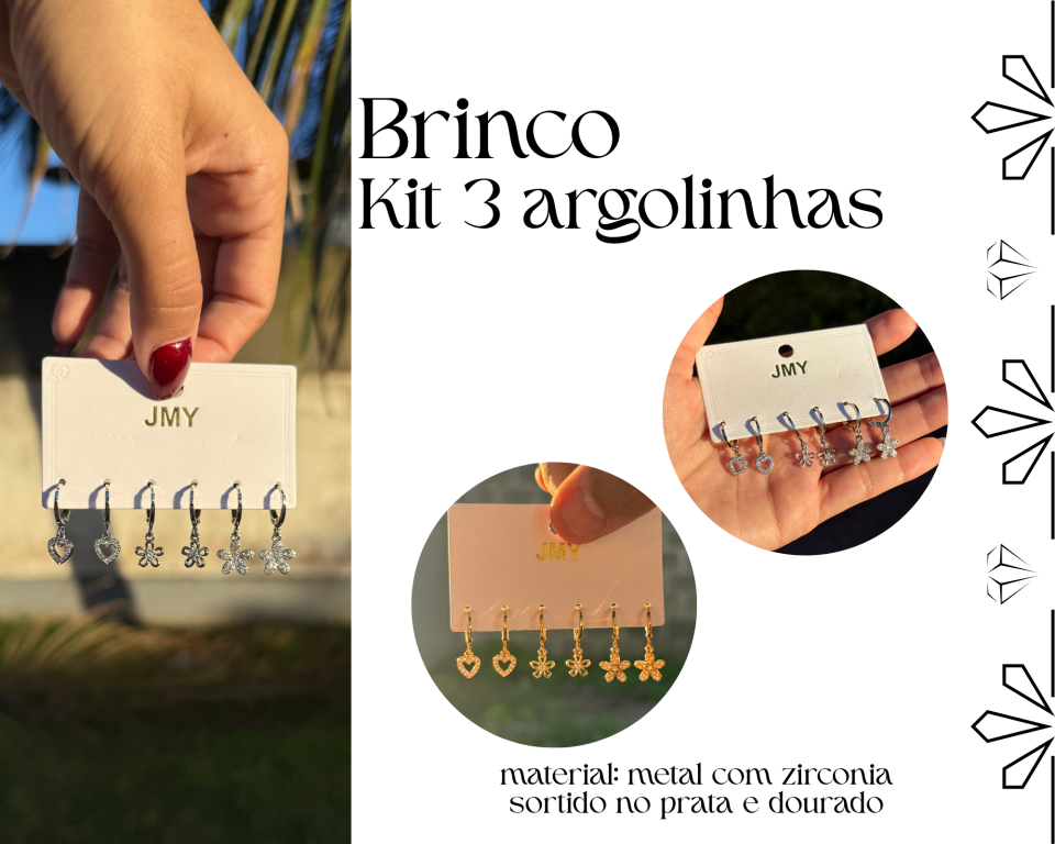 BRINCO KIT C/ 3 PARES ARGOLINHAS C/ ZIRCONIAS
