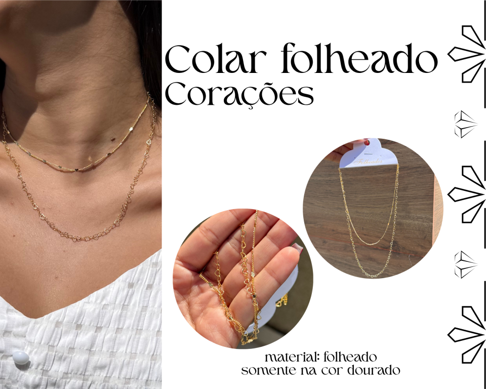 COLAR FOLHEADO DUPLO CORAÇÕES