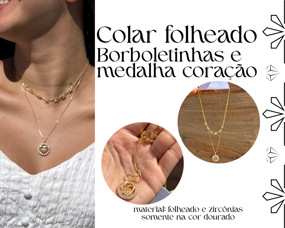 COLAR FOLHEADO DUPLO BORBOLETINHAS E CORAÇÃO