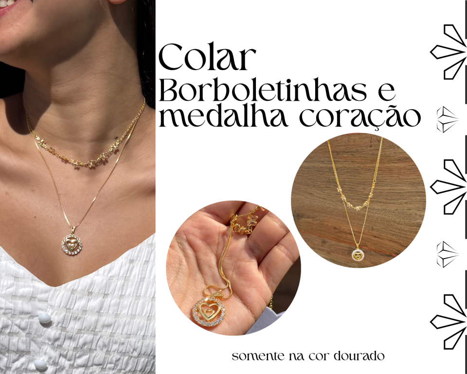 COLAR DUPLO BORBOLETINHAS E CORAÇÃO