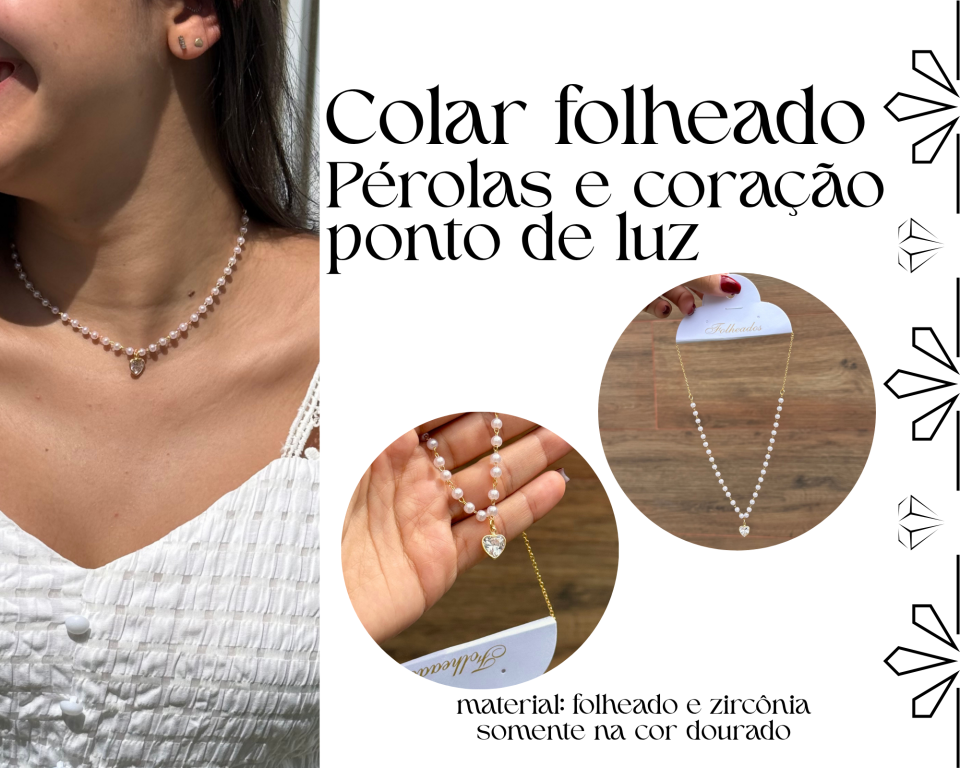 COLAR FOLHEADO PEROLAS E CORAÇÃO