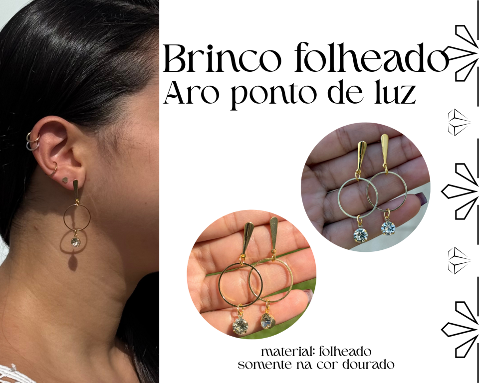 BRINCO FOLHEADO ARO E PONTO DE LUZ