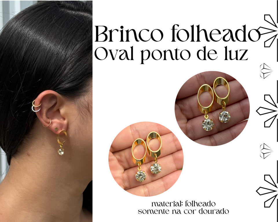 BRINCO FOLHEADO OVAL C/ PONTO DE LUZ