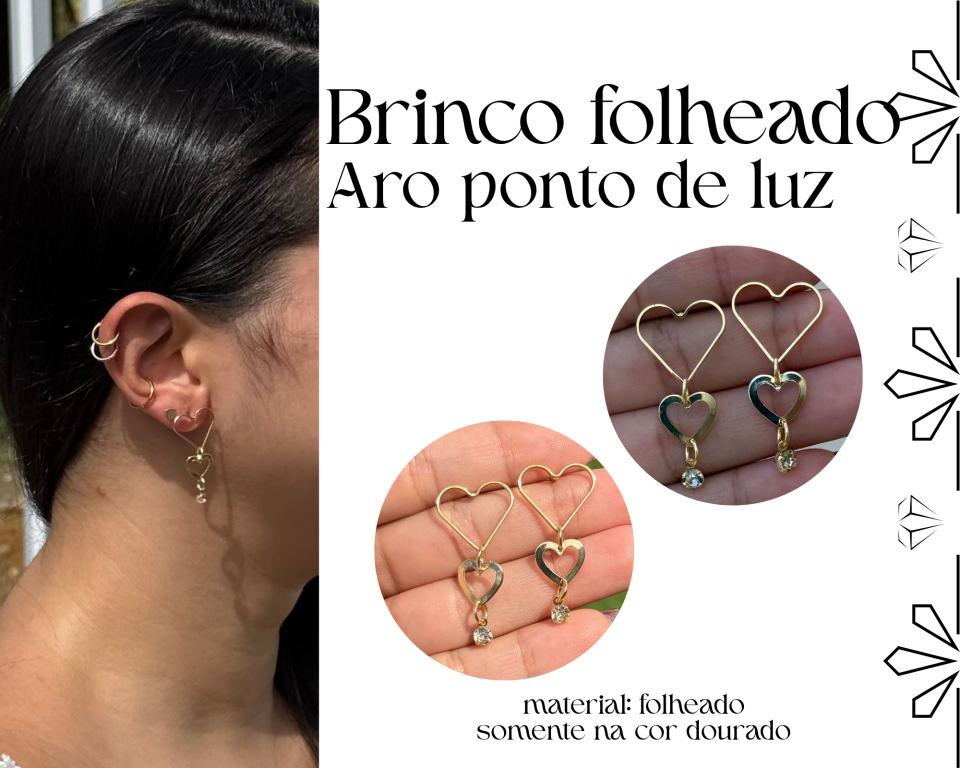 BRINCO FOLHEADO CORAÇÕES E PONTO DE LUZ