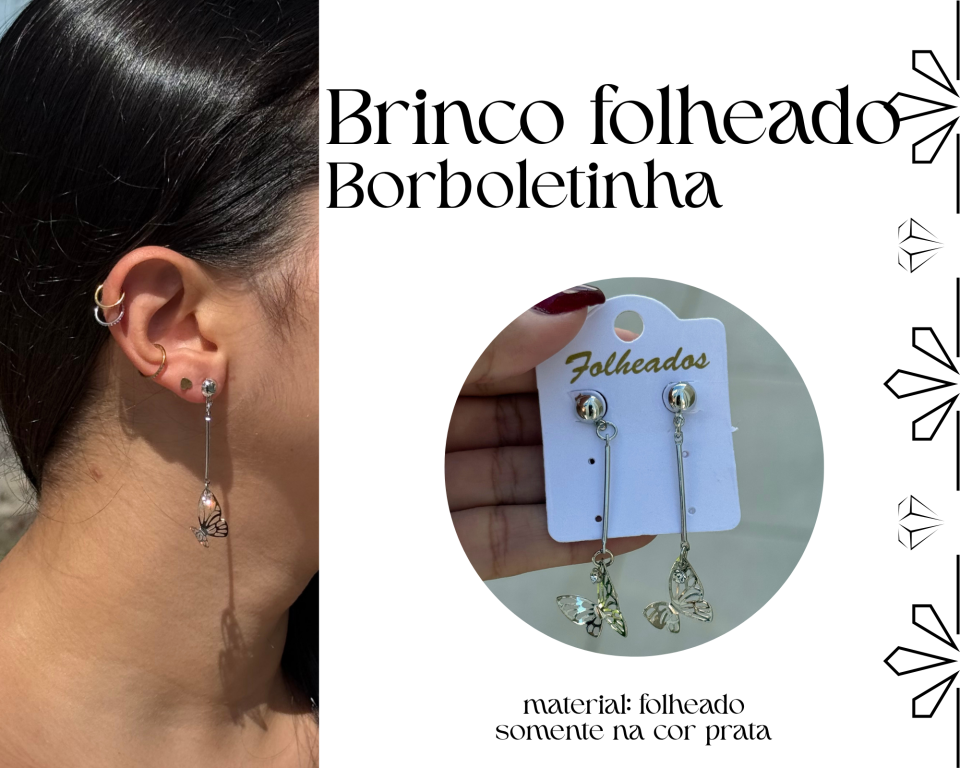 BRINCO FOLHEADO BORBOLETA PRATA