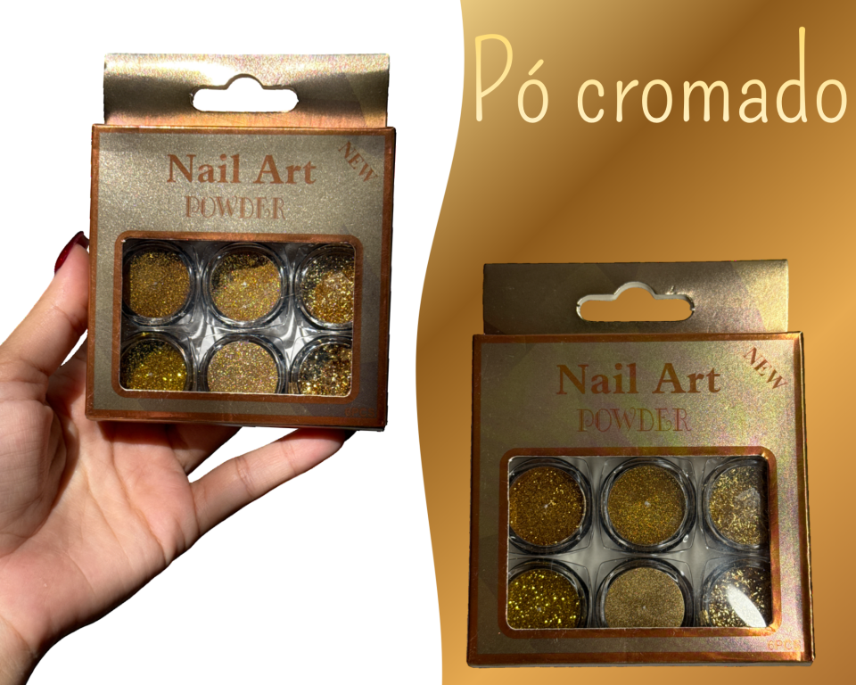 GLITTER KIT COM PO CROMADO NAIL ART DOURADO