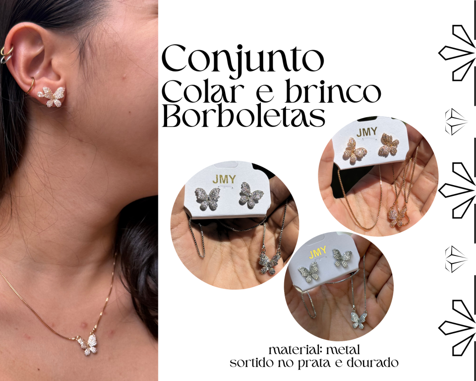 CONJUNTO COLAR E BRINCO BORBOLETAS