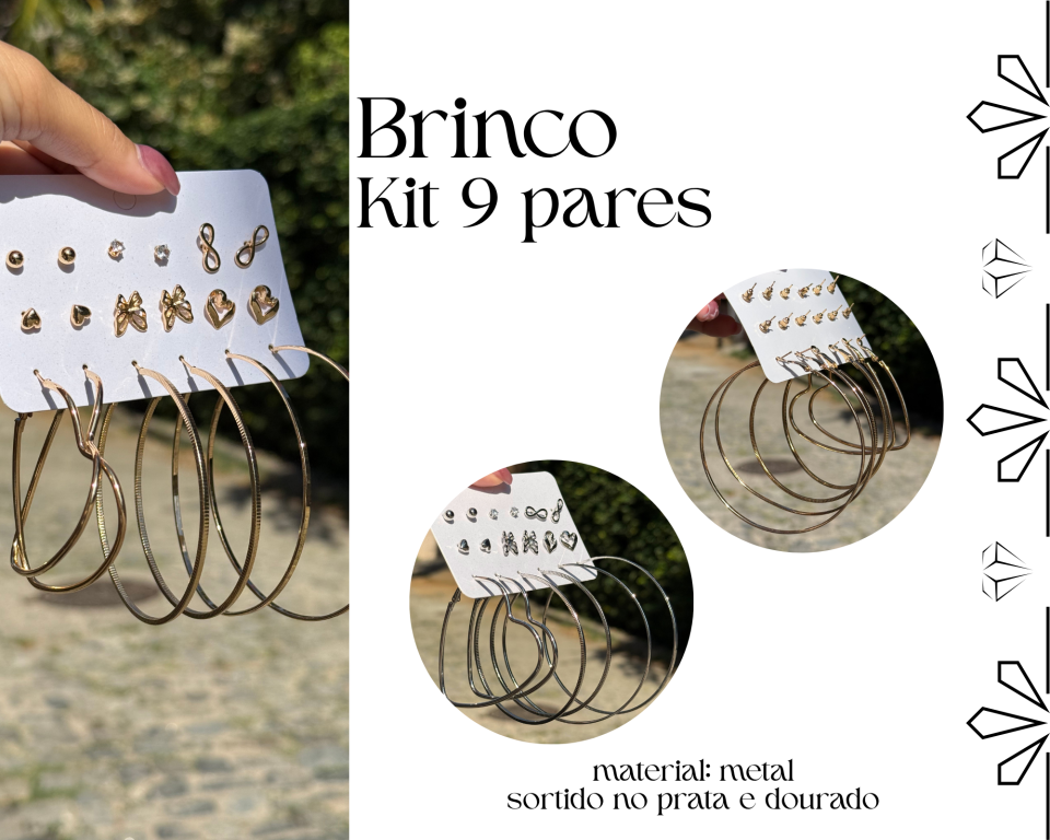BRINCO KIT C/ 9 PARES ARGOLAS CORAÇÃO