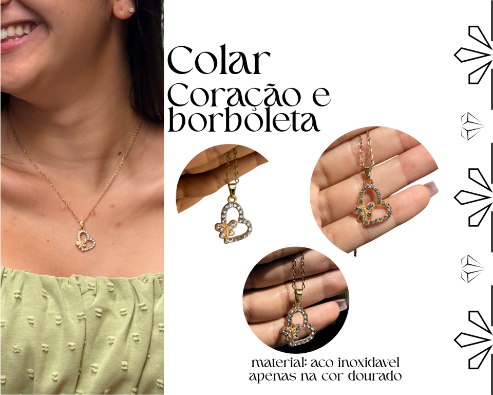 COLAR AÇO INOXIDAVEL CORAÇÃO E BORBOLETA