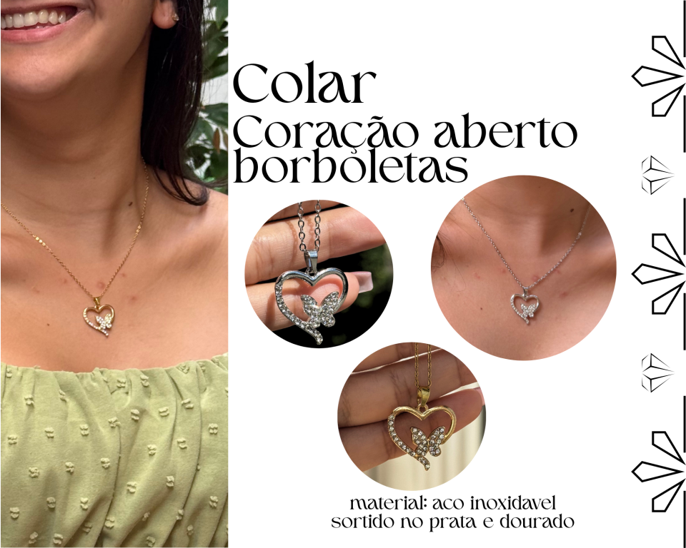 COLAR AÇO INOXIDAVEL CORAÇÃO ABERTO BORBOLETAS