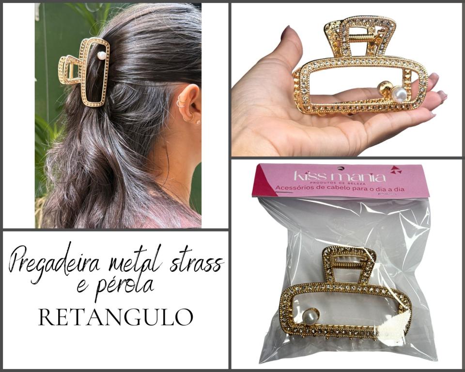 PREGADEIRA METAL RETANGULAR STRASS E PEROLA 8.5cm