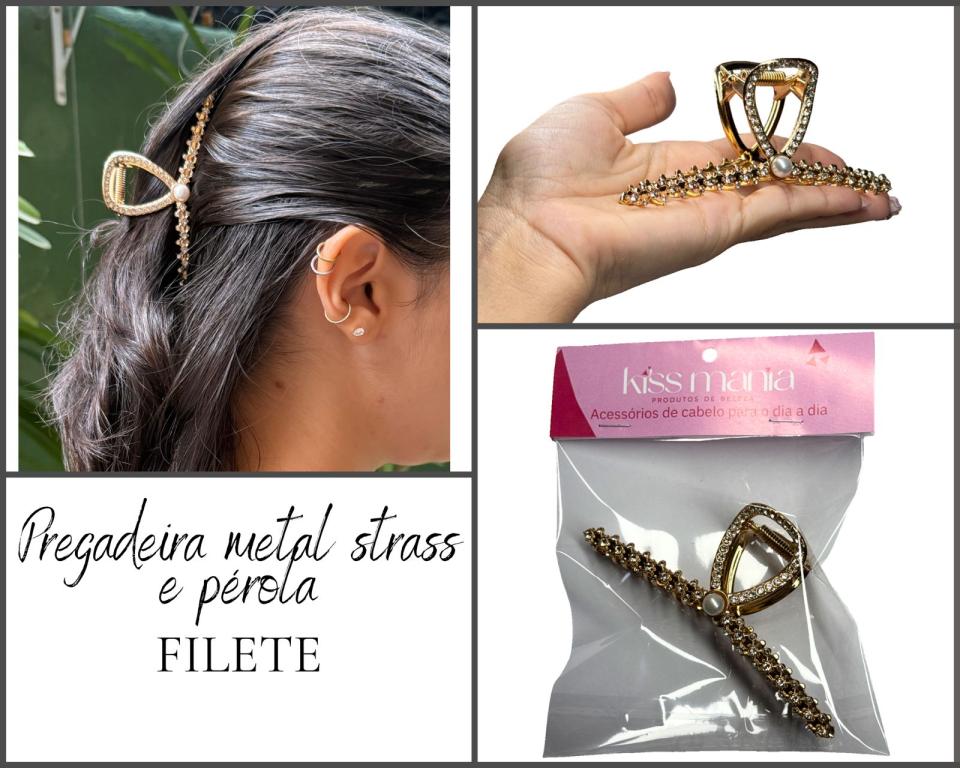 PREGADEIRA METAL FILETE STRASS E PEROLA 11.5cm