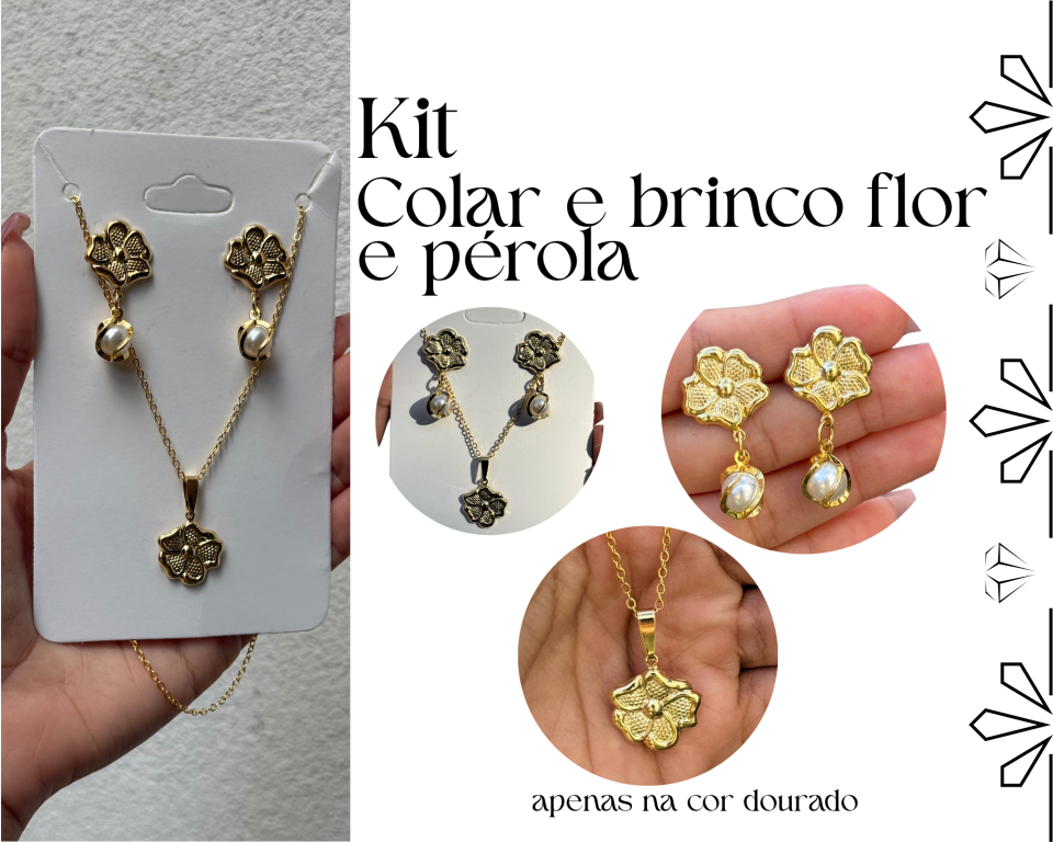 KIT COLAR E BRINCO FLOR COM PEROLA