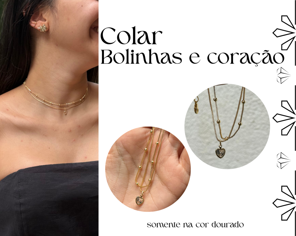 COLAR DUPLO FIO BOLINHAS E CORACAO