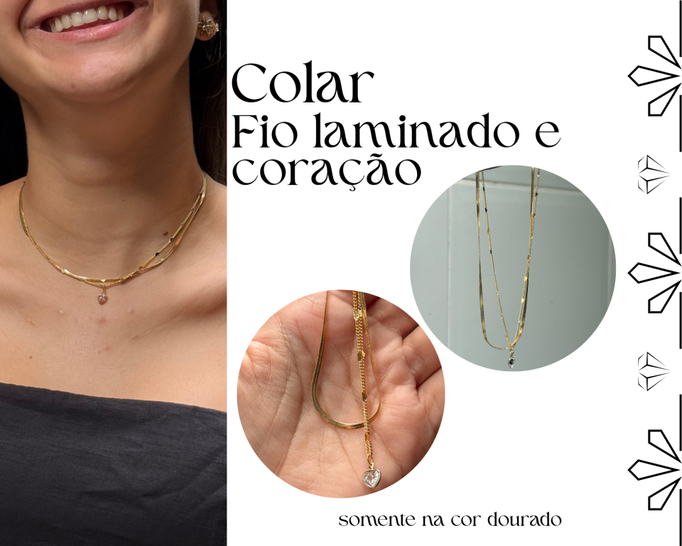 COLAR DUPLO FIO LAMINADO E CORAÇÃO