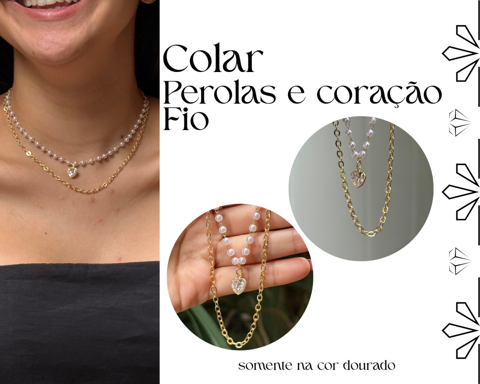 COLAR DUPLO PEROLAS E CORAÇÃO P E FIO