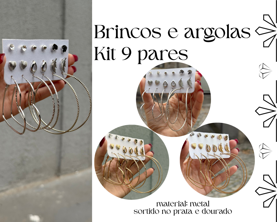 BRINCO KIT C/ 9 PARES ARGOLAS MISTAS
