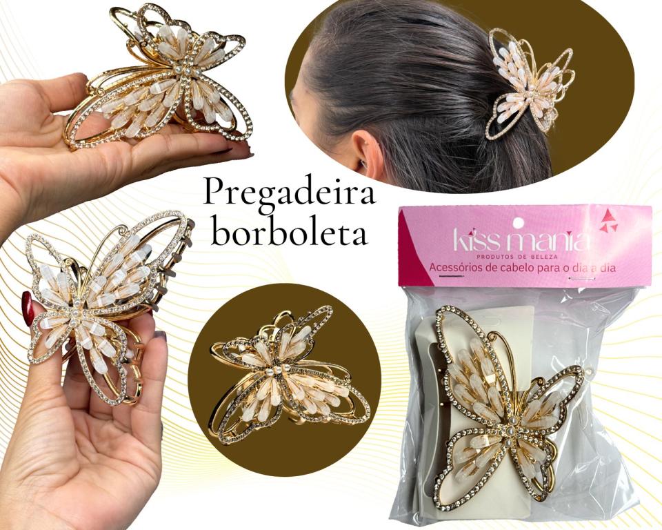 PREGADEIRA BORBOLETA PEDRAS BRANCA 10cm