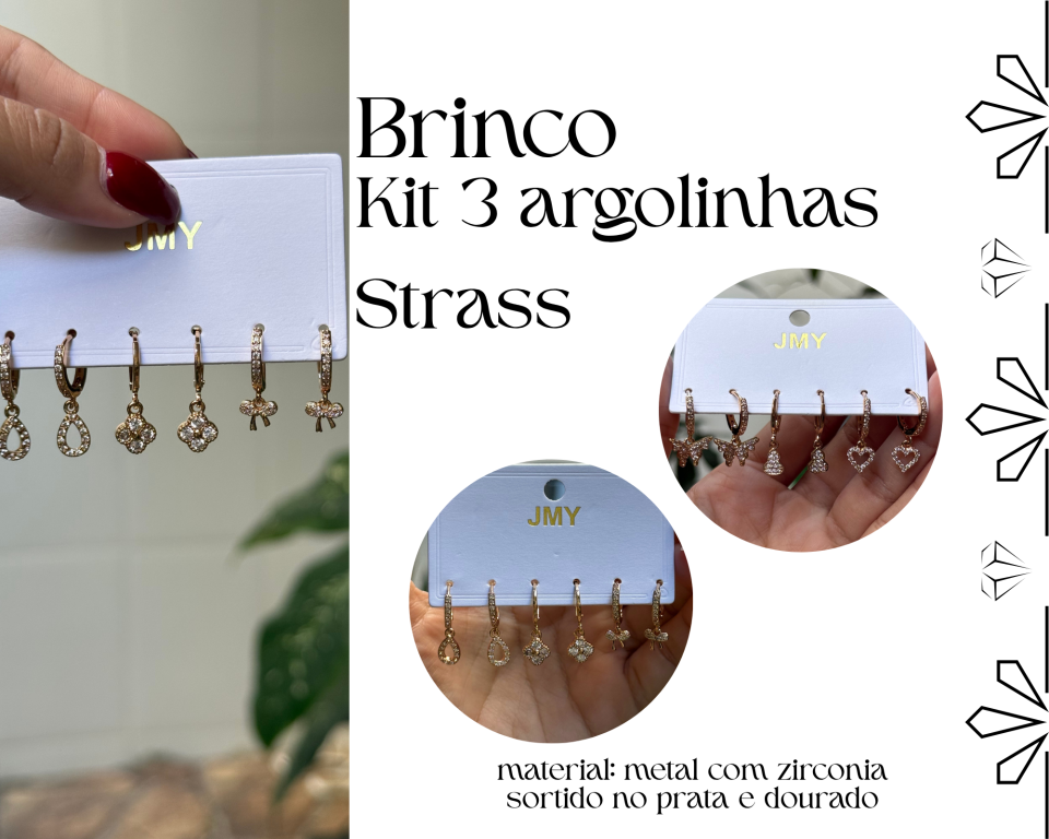BRINCO KIT C/ 3 PARES ARGOLINHAS CRAVEJADAS