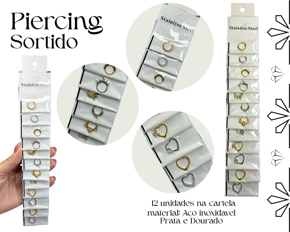 CARTELA PIERCING SORTIDOS AÇO INOXIDAVEL