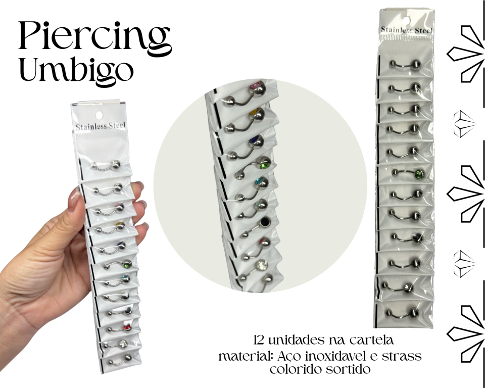 CARTELA PIERCING UMBIGO STRASS COLORIDO