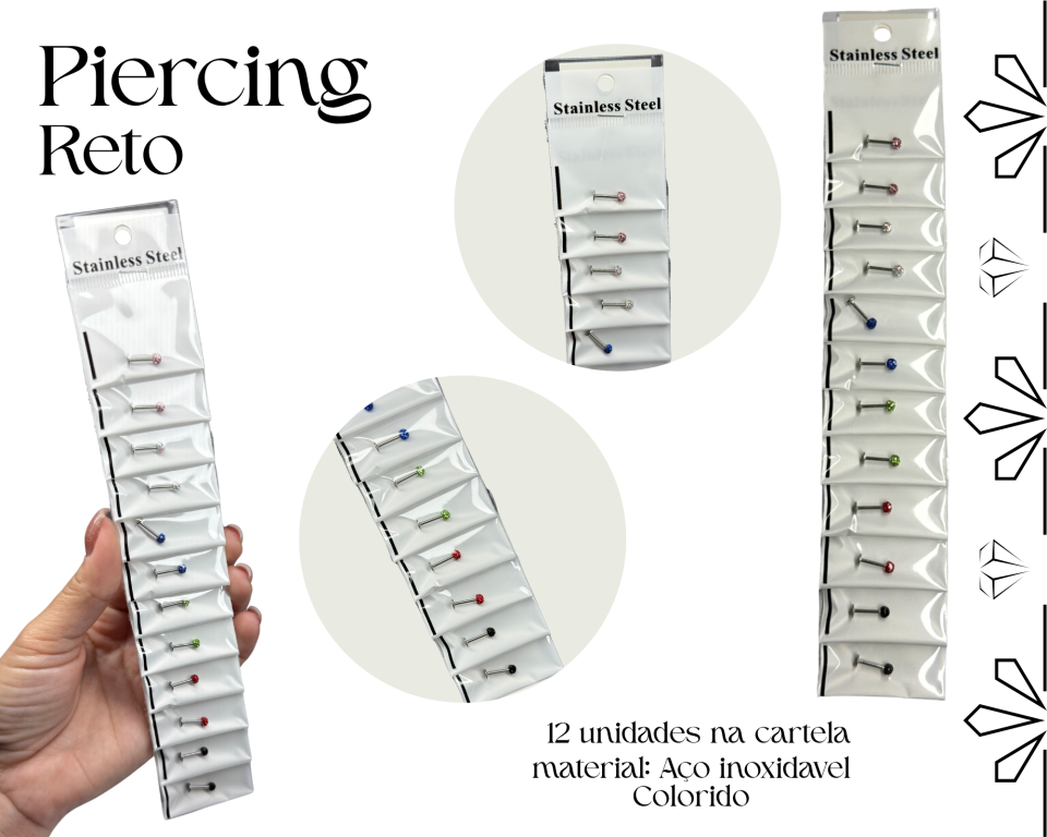 CARTELA PIERCING RETO AÇO INOXIDAVEL