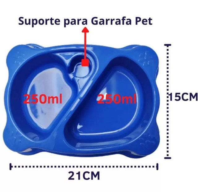 COMEDOURO BEBEDOURO DUPLO AUTOMATICO SUPORTE GARRAFA PET AZUL 2D PET