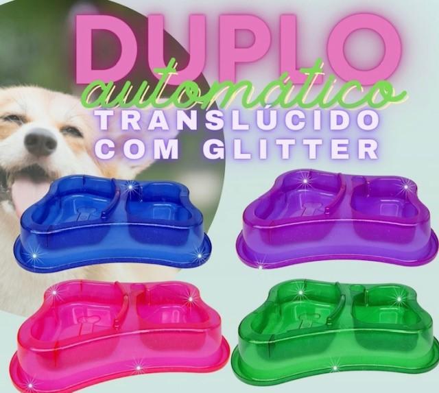 COMEDOURO DUPLO BEBEDOURO ANTI FORMIGA  AUTOMATICO SUPORTE GARRAFA PET TRANPARENTE GLITERINADO