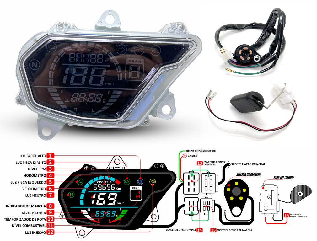 PAINEL COMPLETO POP 110i 2016-2023 DIGITAL LED (C/SENSOR, MARCADOR MACHA, BOIA COMBUSTIVEL, MARCADOR VELOCIDADE EMBUTIDO
