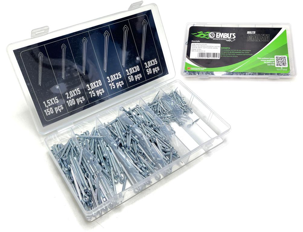 MALETA CUPILHAS ACO ZINCADO (500-PECAS: 1,5X15=150 , 2X15=100, 3X20=75, 3X25=75, 3X30=50, 3X35=50) EM BUS