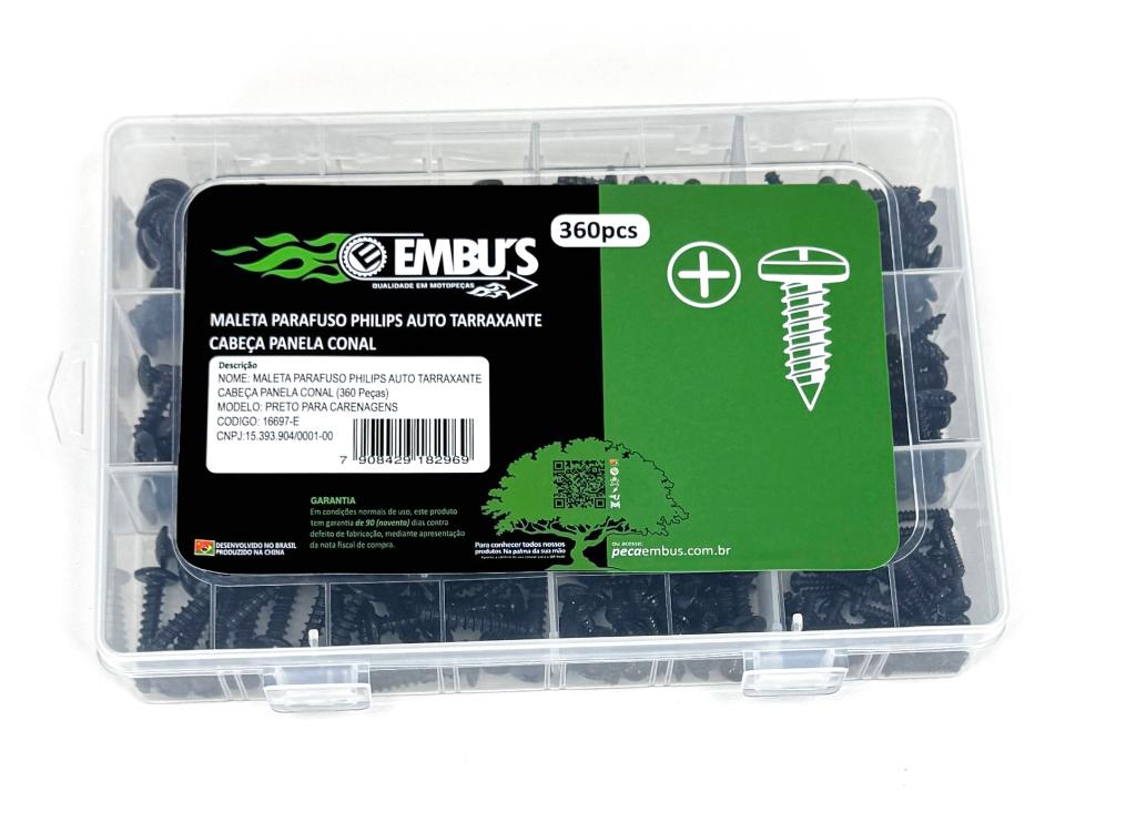 MALETA PARAFUSO PHILIPS AUTO TARRAXANTE CABECA PAN ELA CONAL PARA CARENAGENS PRETO (360 PECAS) EMBUS
