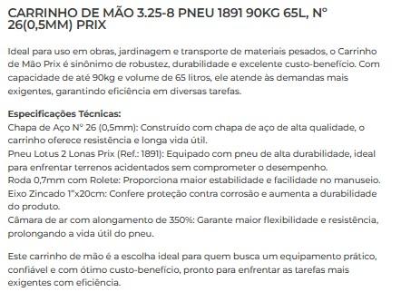 CARRINHO DE MAO 3.25-8 PNEU 1891 90KG 65L, N  26(0,5MM) PRIX 1/1