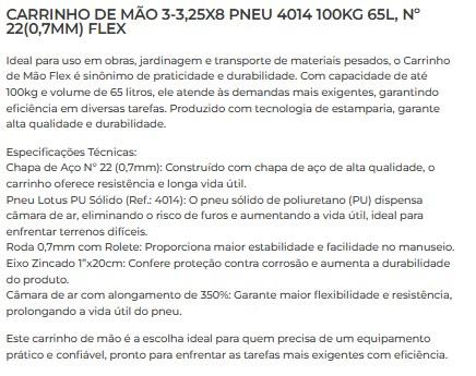 CARRINHO DE MAO 3-3,25X8 PNEU 4014 100KG 65L, N  22(0,7MM) FLEX 1/1