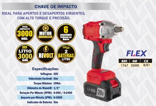 CHAVE DE IMPACTO 20V 3Ah +6PÇS FLEX (2 BAT) - 8/1