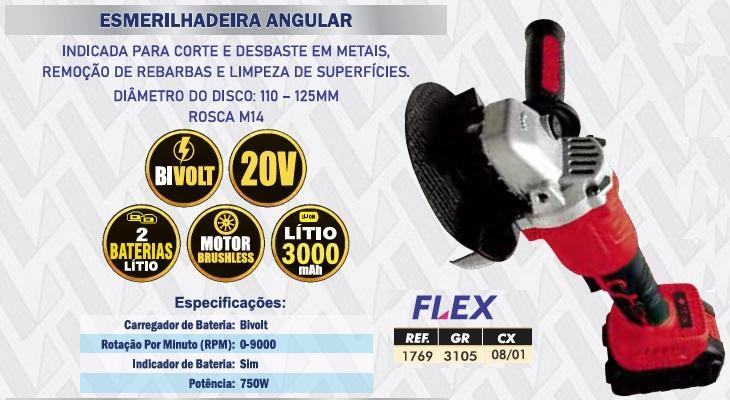 ESMERILHADEIRA ANGULAR 20V 3Ah FLEX (2 BAT)