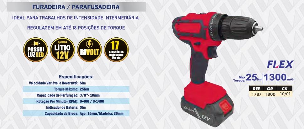 FURADEIRA/PARAF. 12V +17PÇS FLEX - 10/1
