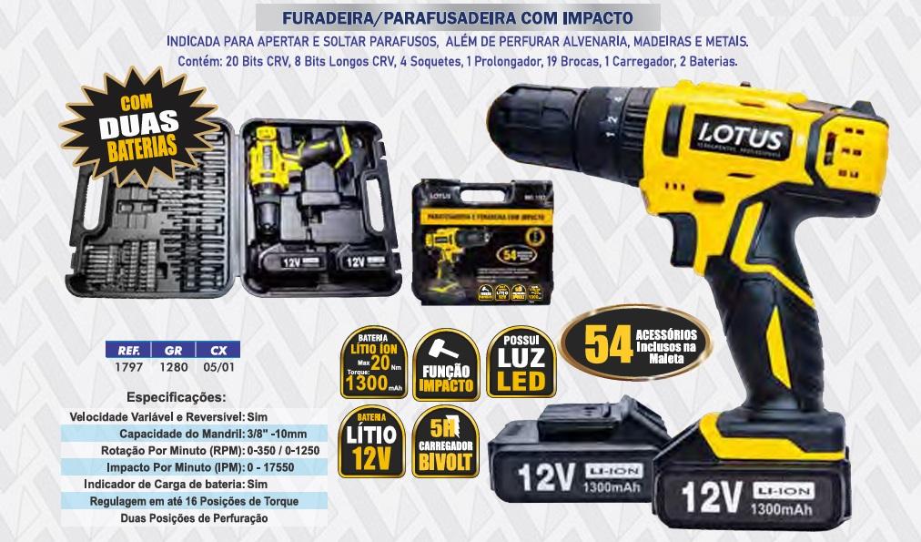 FURADEIRA/PARAF. C/ IMPACTO 12V + 54PÇS (2 BATER.) - 1/1