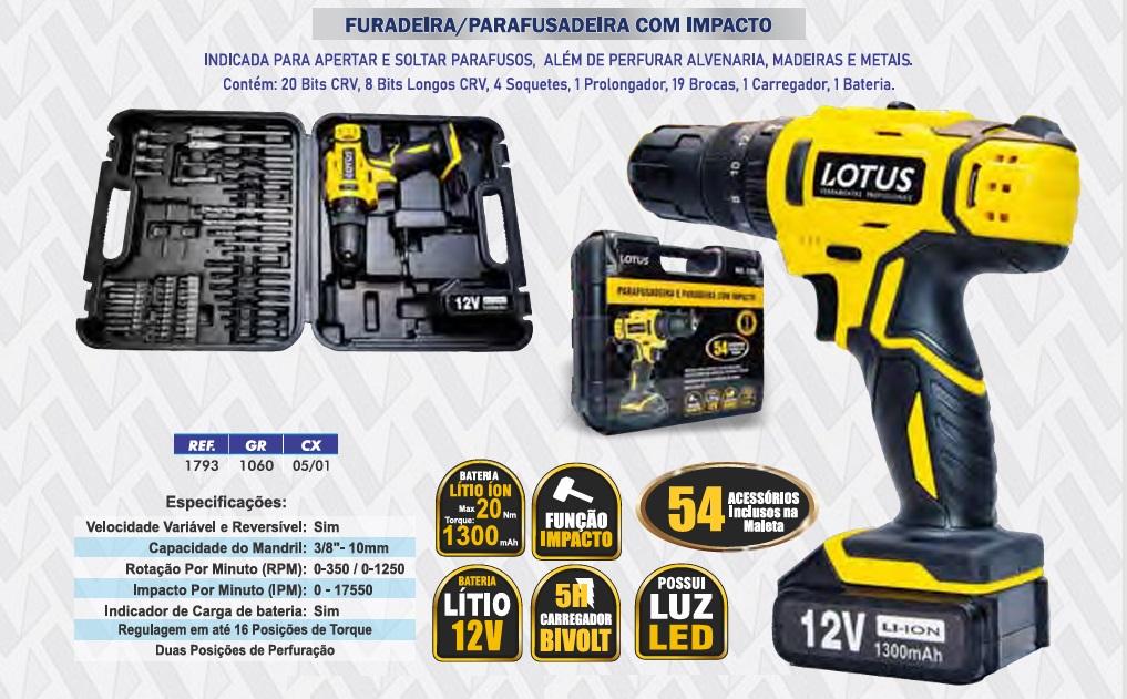 FURADEIRA/PARAF. C/ IMPACTO 12V + 54PÇS - 5/1