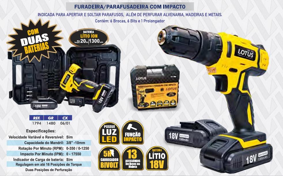 FURADEIRA/PARAF. C/ IMPACTO 18V + 13 BITS (2 BATER.) - 1/1