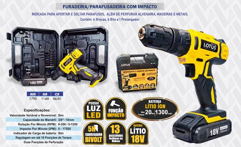 FURADEIRA/PARAF. C/ IMPACTO 18V + 13 BITS - 6/1