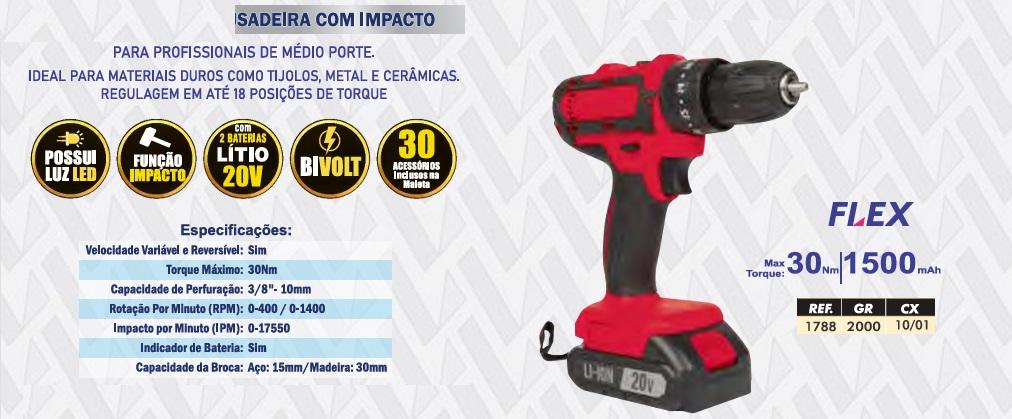 FURADEIRA/PARAF. C/ IMPACTO 20V +30PÇS FLEX (2 BAT) - 10/1