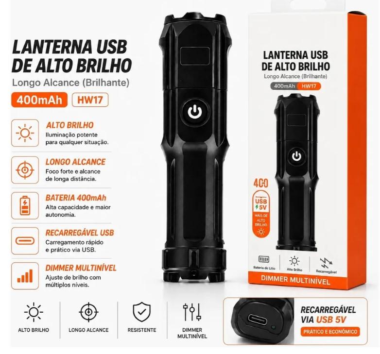 LANTERNA USB RECARREGAVEL HW17 ALTOP BRILHO COMPACTA