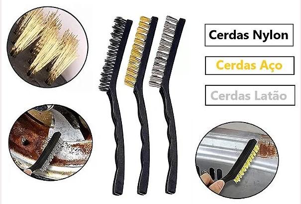 JOGO 3 ESCOVAS GRANDES CERDAS ACO LATAO NYLON CABO PLASTICO