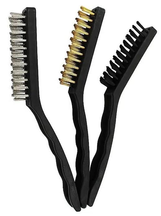 JOGO 3 ESCOVAS GRANDES CERDAS ACO LATAO NYLON CABO PLASTICO
