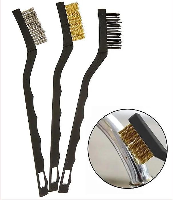 JOGO 3 MINI ESCOVAS CERDAS ACO LATAO E NYLON, CABO PLASTICO
