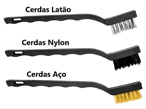 JOGO 3 MINI ESCOVAS CERDAS ACO LATAO E NYLON, CABO PLASTICO
